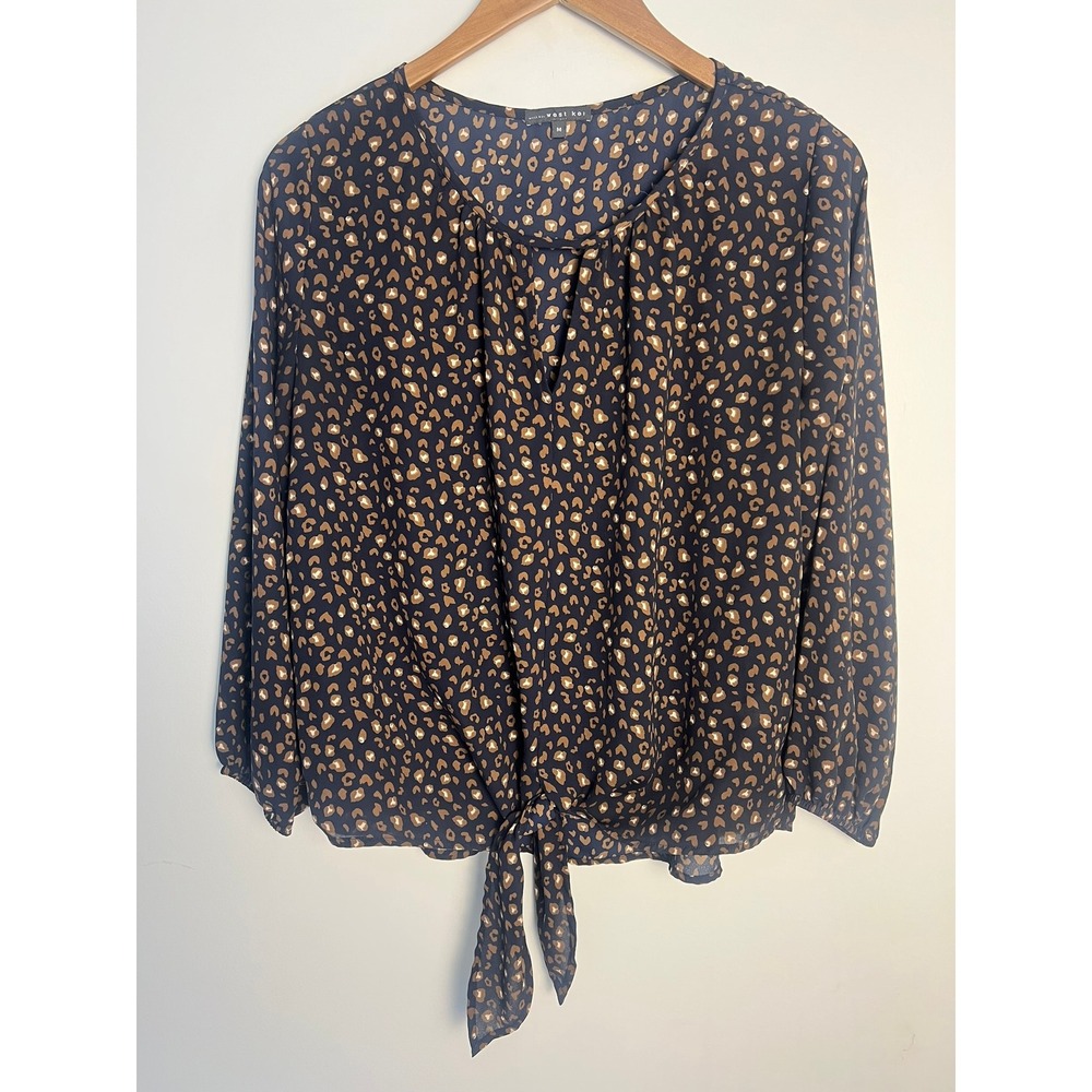 Med West Kei Navy Leopard Print Tie Front Blouse Long Sleeve Top Minimal Office